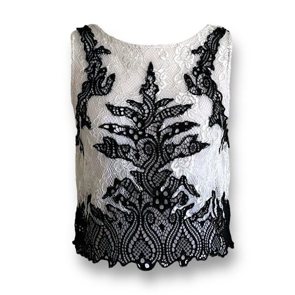Free People Womens Lace Top Sz S Black White Sleeveless Sheer Button Back Blouse - Picture 1 of 6